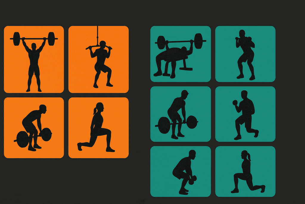 Side-by-side infographic comparing a 4 day split and 5 day workout routine using athlete silhouettes for each training day
