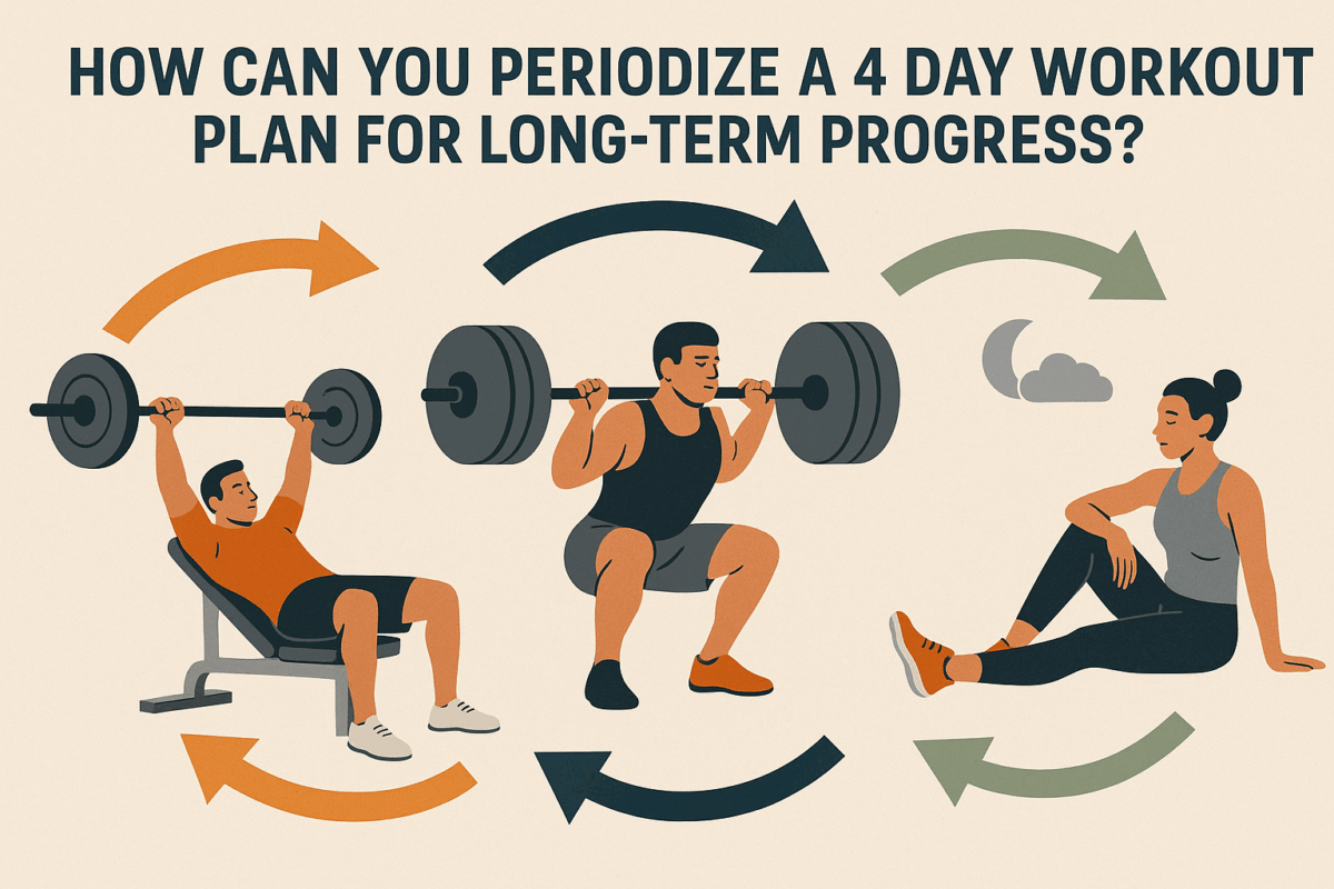 Infographic showing a 4 day split workout cycle with illustrated phases of bench press for hypertrophy, squats for strength, and rest for recovery