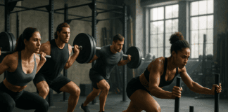 Athletes performing strength conditioning exercises like barbell squats and sled pushes in a modern gym.