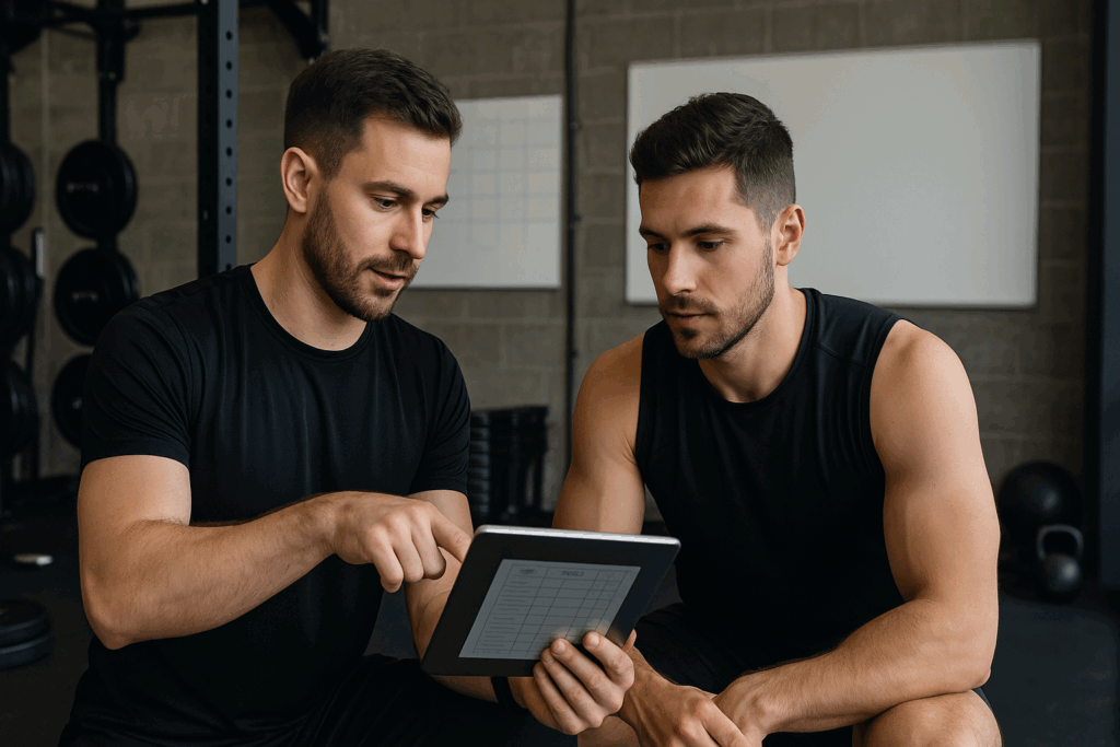 Personal trainer reviewing a custom strength conditioning plan with an athlete in a modern gym setting with weights and whiteboards.