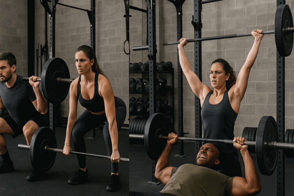 Athletes demonstrating strength conditioning with barbell squat, deadlift, bench press, and overhead press in a gym setting