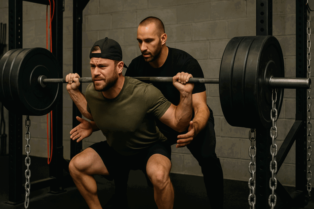 Athlete performing a heavy squat with chains and resistance bands under spotter supervision in a strength conditioning workout.
