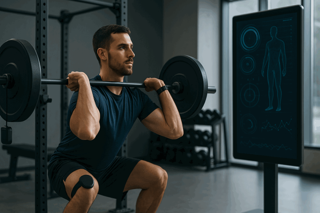 Athlete performing front squats in a high-tech strength conditioning gym with wearable sensors and a biometric AI screen.