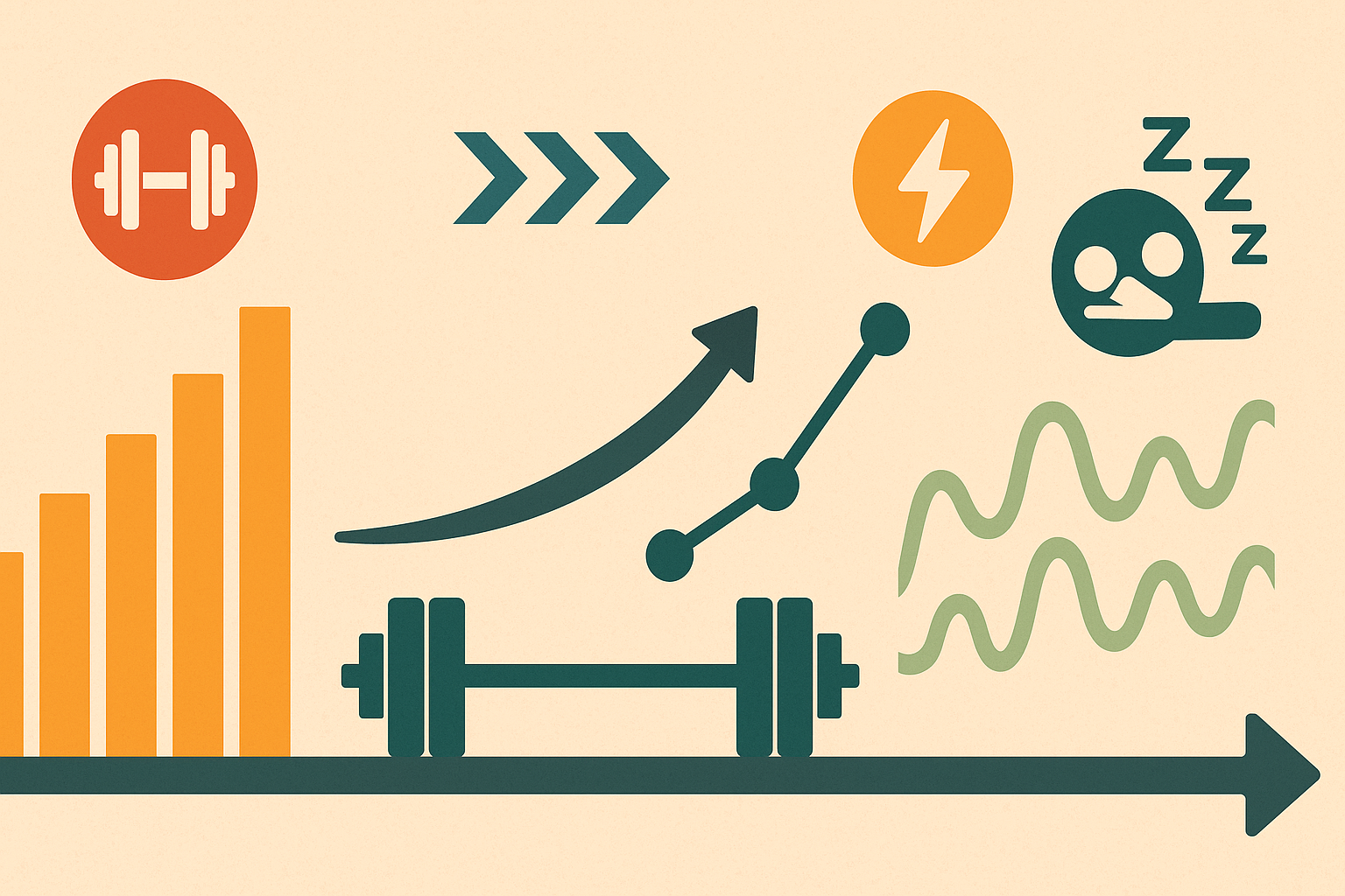 Infographic illustrating a periodized strength conditioning program with visual phases for hypertrophy, strength, power, and recovery.
