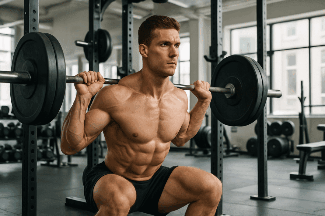 The Ultimate Guide to Powerful Strength Gains with Natural Hypertrophy Programs001 Muscular natural athlete performing a barbell squat in a modern gym, showcasing strength and discipline promoted by natural hypertrophy programs.