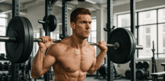Muscular natural athlete performing a barbell squat in a modern gym, showcasing strength and discipline promoted by natural hypertrophy programs.