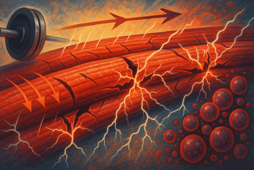 Stylized muscle fibers under microscopic stress showing eccentric tension, micro-tears, and lactate buildup, illustrating how natural hypertrophy programs stimulate cellular growth