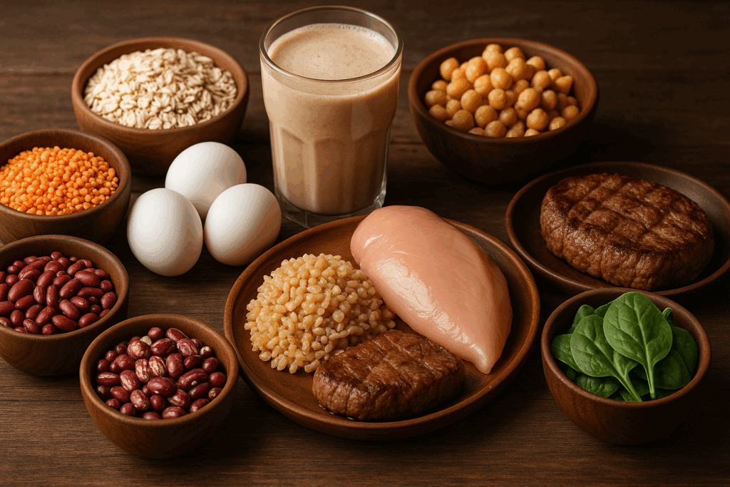 Balanced high-protein meal with chicken, eggs, legumes, grains, spinach, and a protein shake supporting natural hypertrophy programs