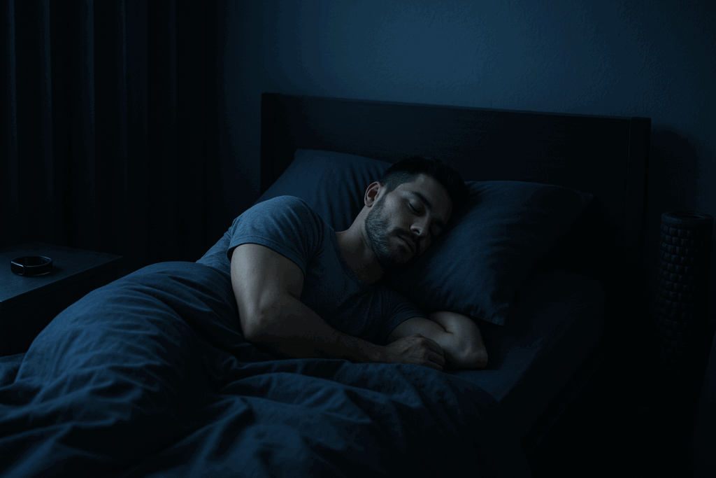 Athlete sleeping peacefully in a dark bedroom with blackout curtains, fitness tracker, and foam roller—highlighting recovery in natural hypertrophy programs.