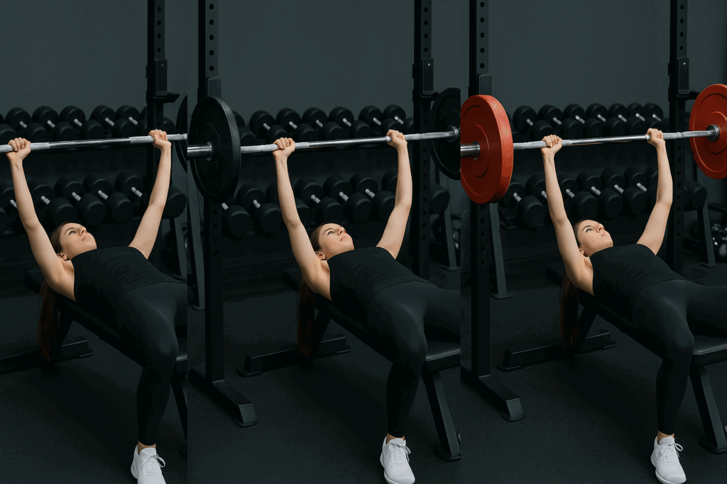 Female lifter performing bench press in three stages with increasing barbell weight, illustrating progressive overload in natural hypertrophy programs