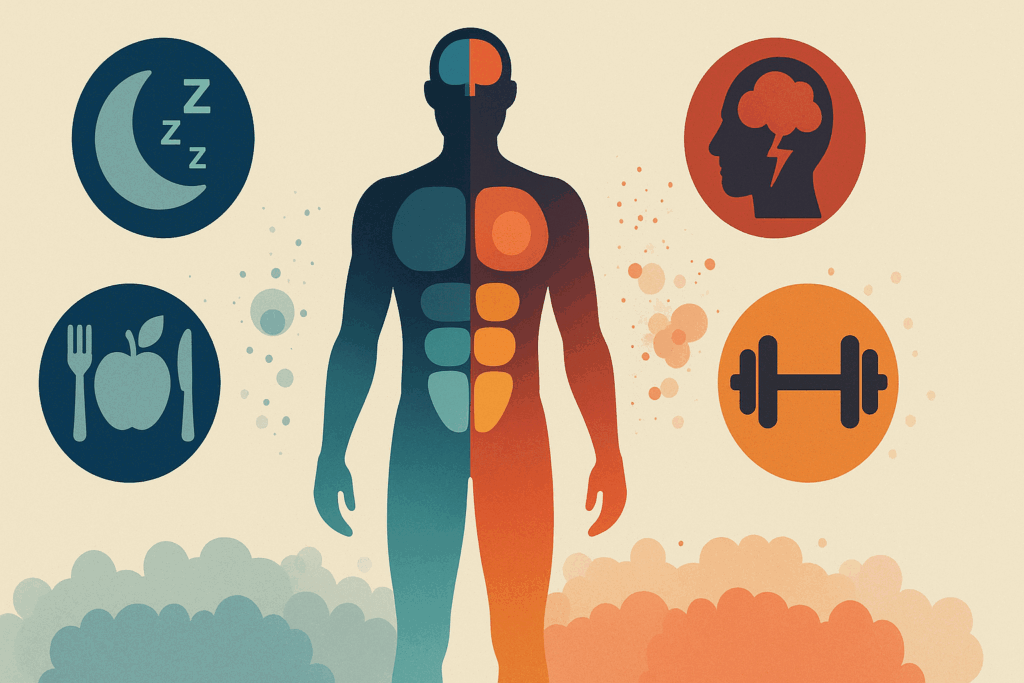 Infographic of a stylized human body showing hormonal zones influenced by sleep, nutrition, stress, and weightlifting, supporting natural hypertrophy programs