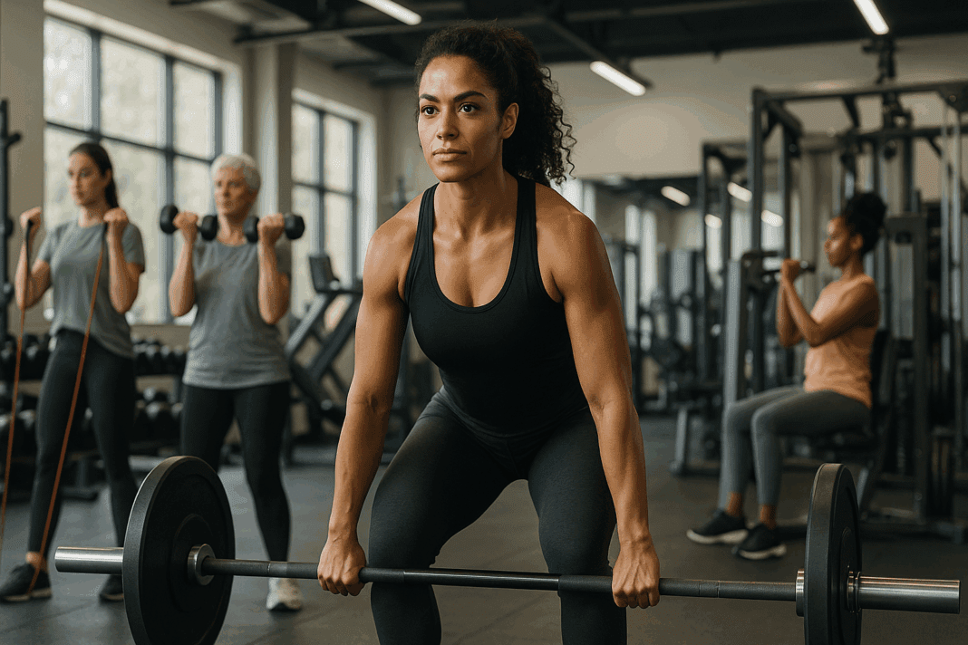 Athletic woman deadlifting a barbell in a modern gym surrounded by others doing resistance training for women with bands, dumbbells, and machines