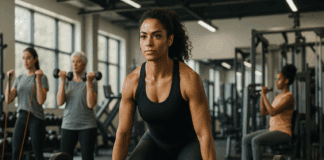 Athletic woman deadlifting a barbell in a modern gym surrounded by others doing resistance training for women with bands, dumbbells, and machines