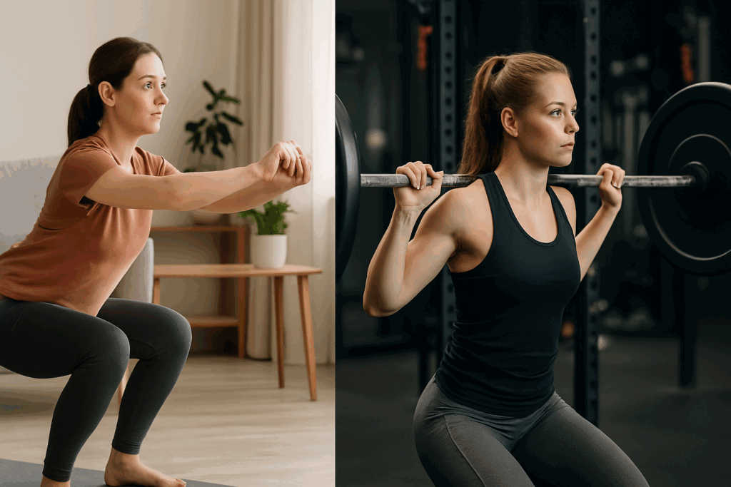 Two women demonstrating resistance training for women: one doing bodyweight squats at home, the other lifting a barbell in a gym.
