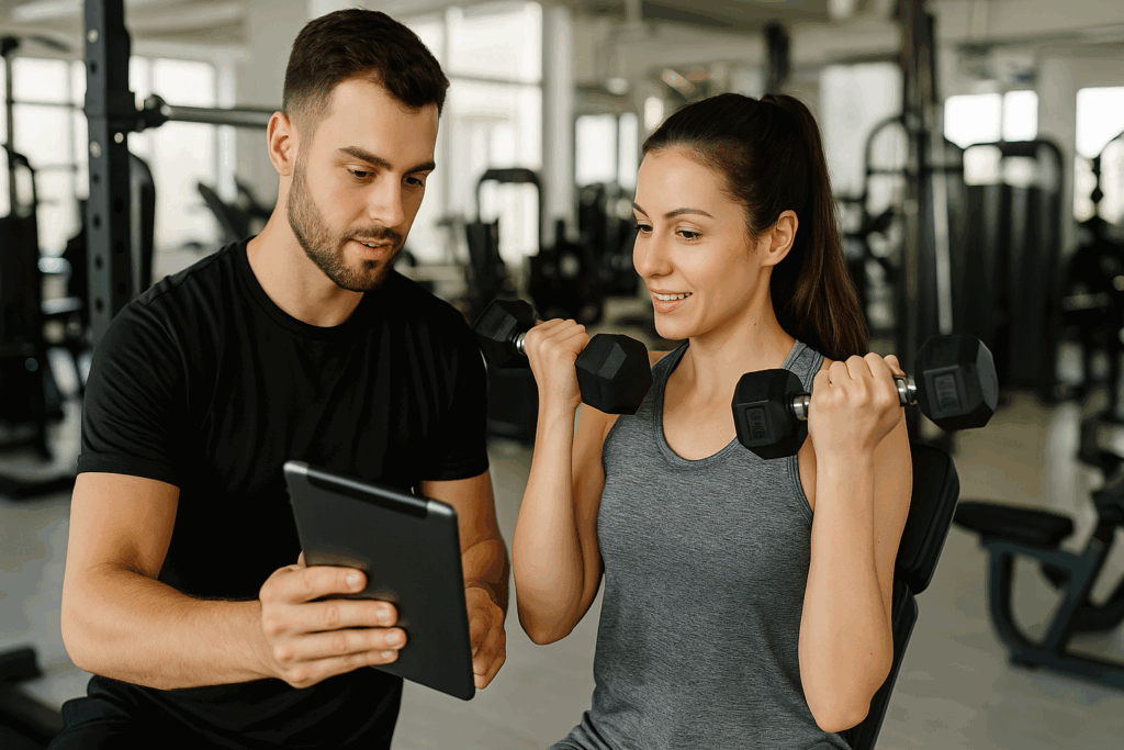 Personal trainer guiding a woman through resistance training for women with dumbbells while reviewing a digital workout plan in a modern gym.