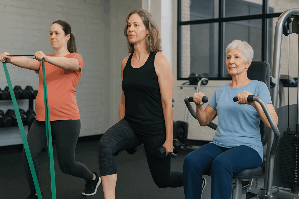 Pregnant, middle-aged, and senior women performing resistance exercises in a gym, highlighting resistance training for women across life stages