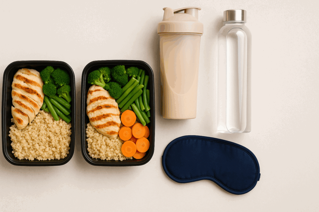 Balanced meal prep with grilled chicken, quinoa, vegetables, a protein shake, water bottle, and sleep mask symbolizing recovery essentials in resistance training for women