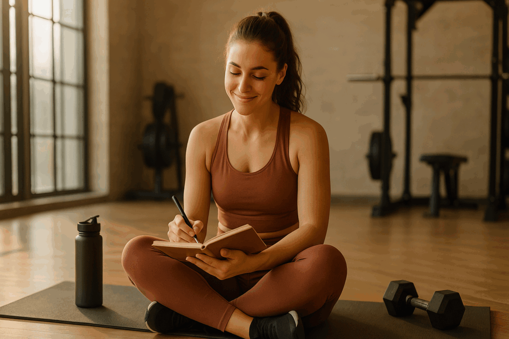 Woman in activewear journaling post-workout on a yoga mat in a sunlit gym, reflecting on resistance training for women.