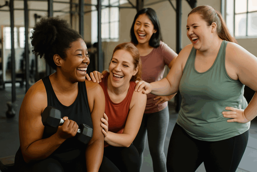 Diverse group of women laughing and supporting each other during resistance training for women in a community-focused gym.