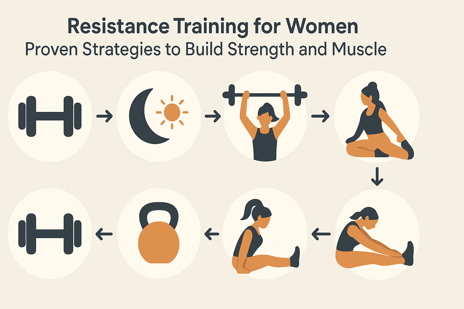 Flow-style infographic showing a weekly plan for resistance training for women with icons representing strength, hypertrophy, rest, and mobility sessions