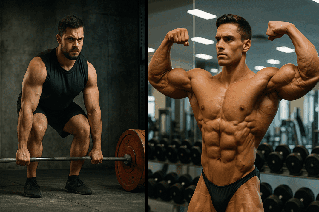 Split-screen of a powerlifter deadlifting in a gritty gym and a bodybuilder flexing in a modern gym, symbolizing strength vs muscle.