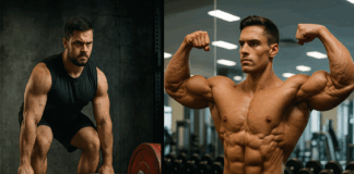 Split-screen of a powerlifter deadlifting in a gritty gym and a bodybuilder flexing in a modern gym, symbolizing strength vs muscle.