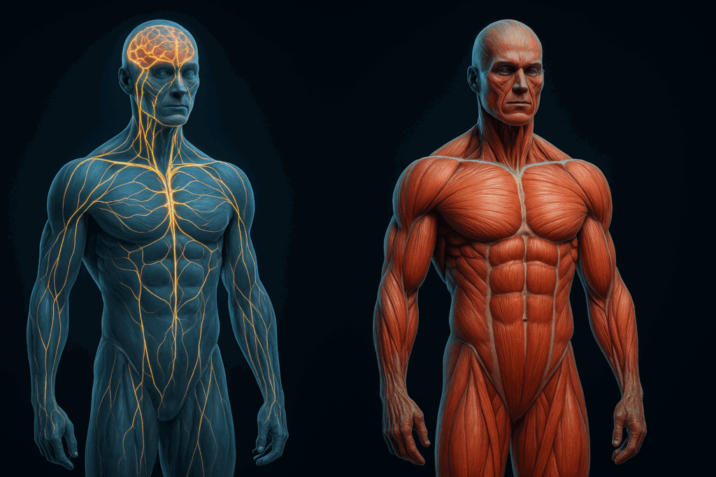 Scientific illustration comparing strength vs muscle with neural activation on one figure and hypertrophied muscle fibers on the other
