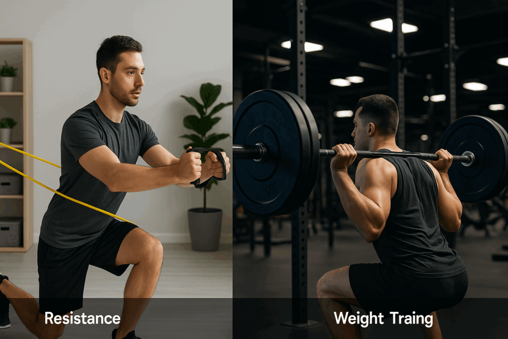 Split-screen gym comparison showing resistance band training at home versus barbell weightlifting in a gym, illustrating strength vs muscle approaches.