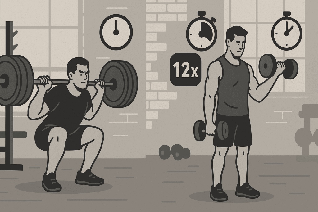Split-screen gym illustration comparing strength vs muscle training with a heavy barbell squat and high-rep bicep curls