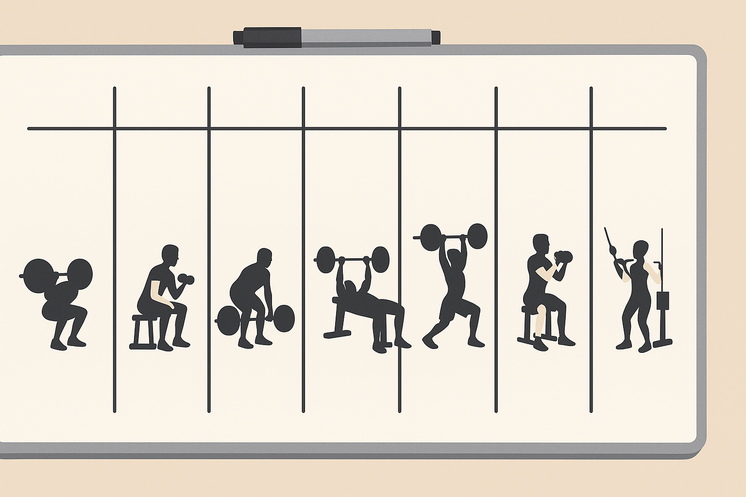 Weekly workout plan illustration contrasting strength vs muscle training with alternating compound and isolation exercises