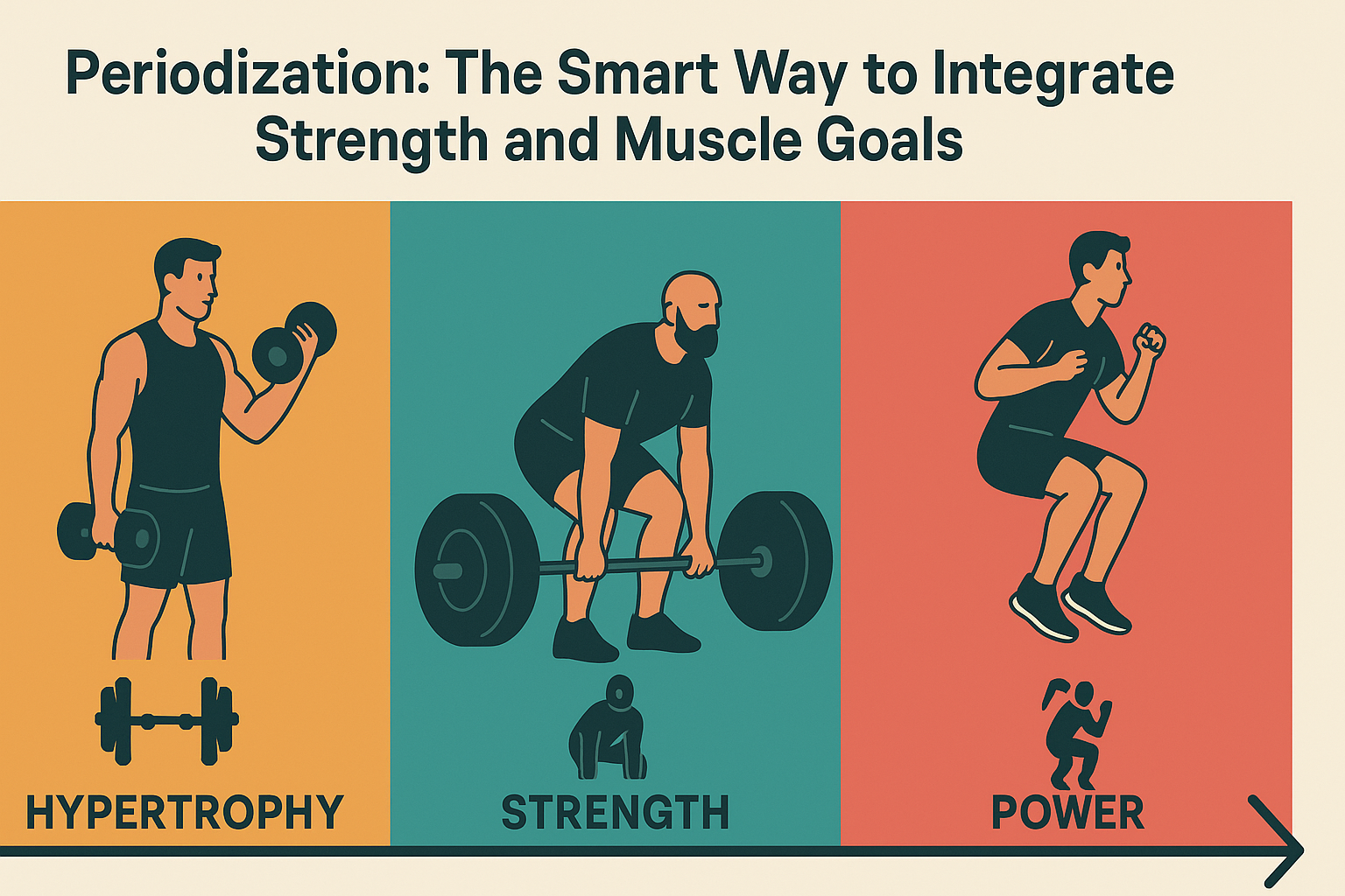 Infographic showing periodization timeline comparing hypertrophy, strength, and power training styles to illustrate strength vs muscle progression