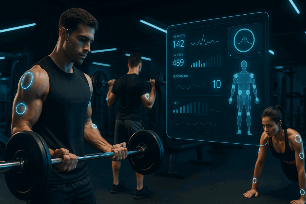 Futuristic gym with athletes training using AI-powered wearables and real-time tracking screens, highlighting strength vs muscle innovation.