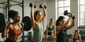 Diverse group of athletic women lifting barbells, dumbbells, and kettlebells in a bright gym as part of a weight training program for women