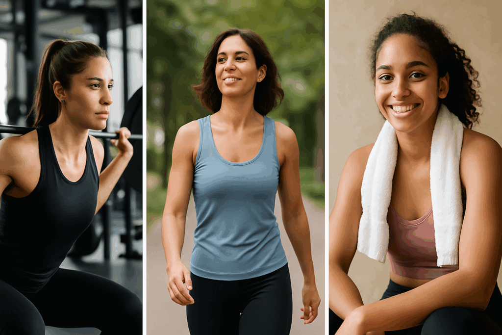 Three women demonstrating a weight training program for women through gym lifting, outdoor walking, and post-workout recovery