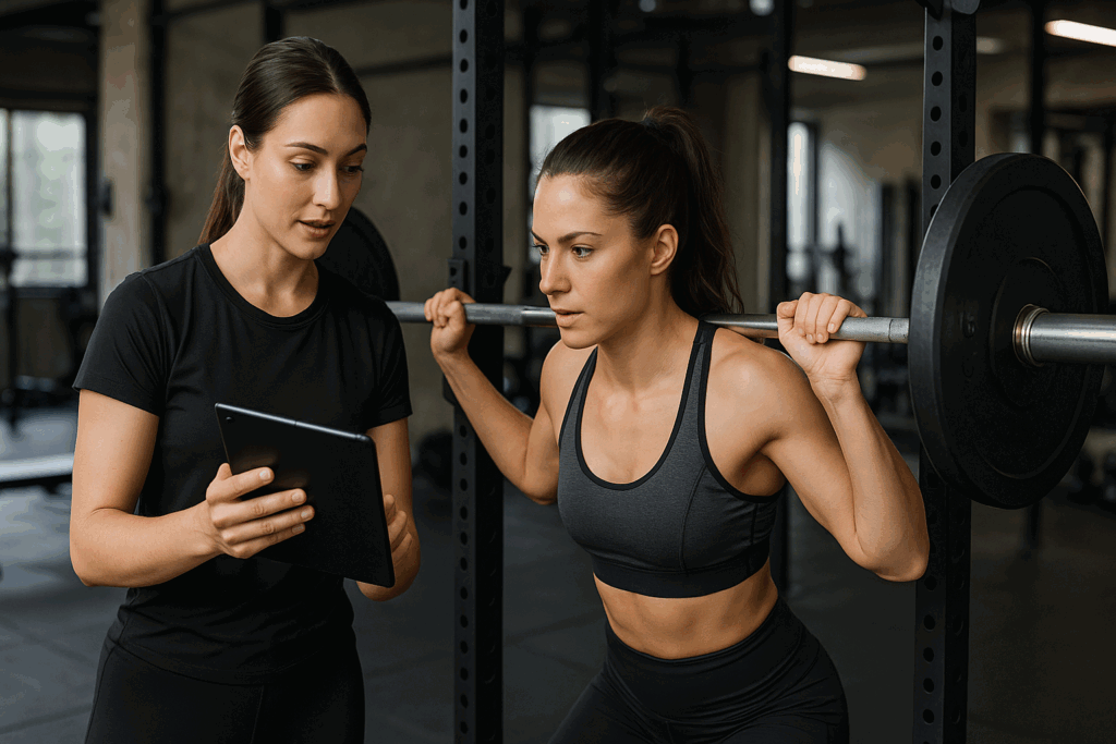 Female gym trainer guiding client through a personalized weight training program for women using a tablet near a squat rack.