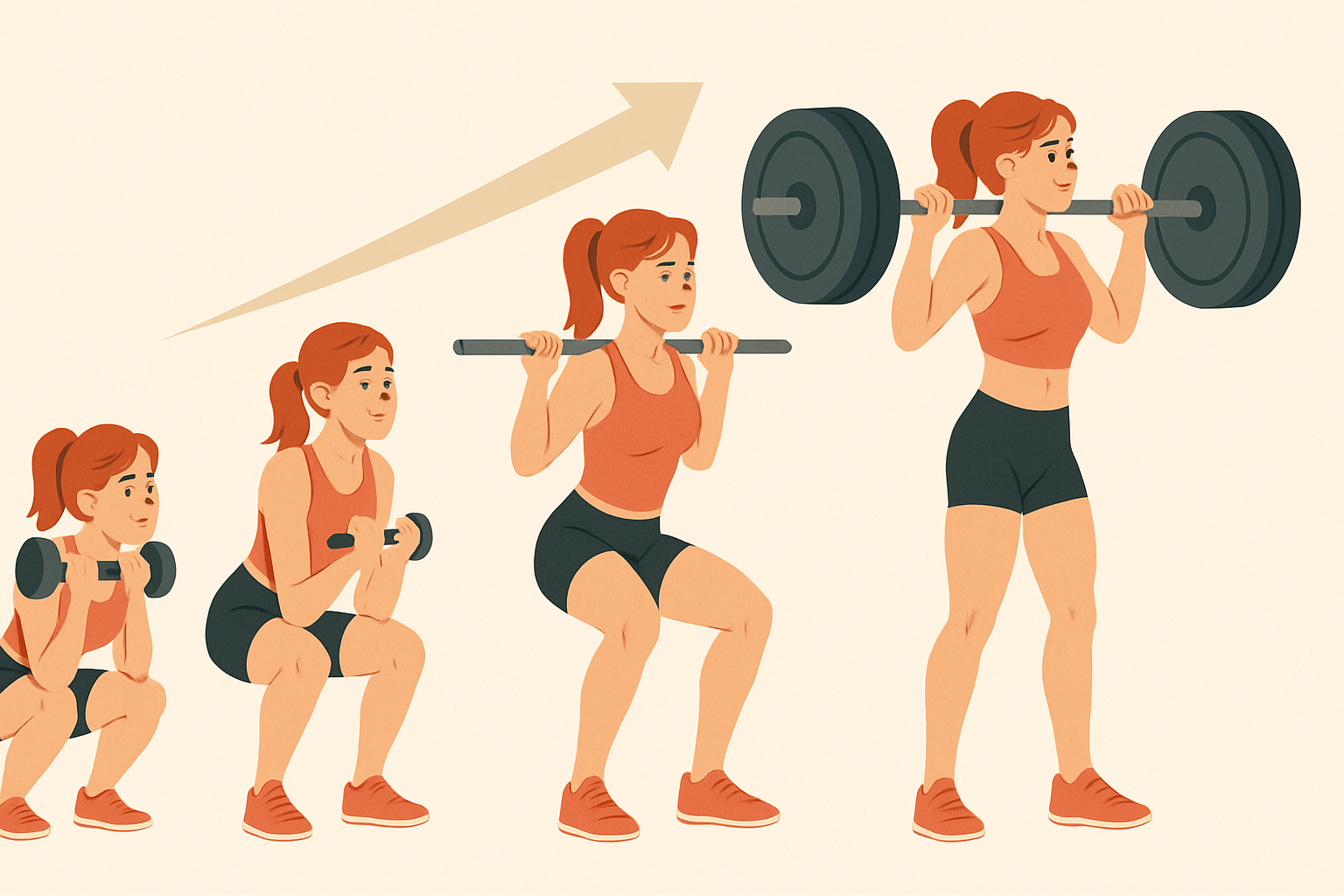 Progressive infographic of a weight training program for women showing a female lifter advancing from dumbbells to a heavy barbell.