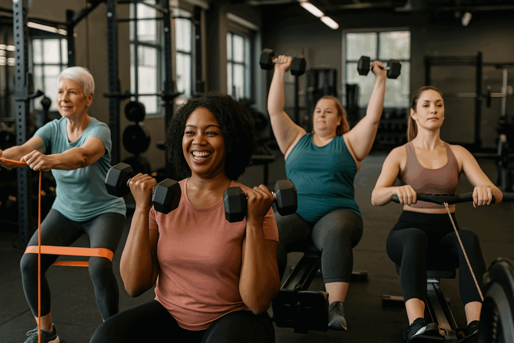 Diverse women of different ages and body types participating in a weight training program for women using resistance bands, rowing machines, and dumbbells in a modern gym.