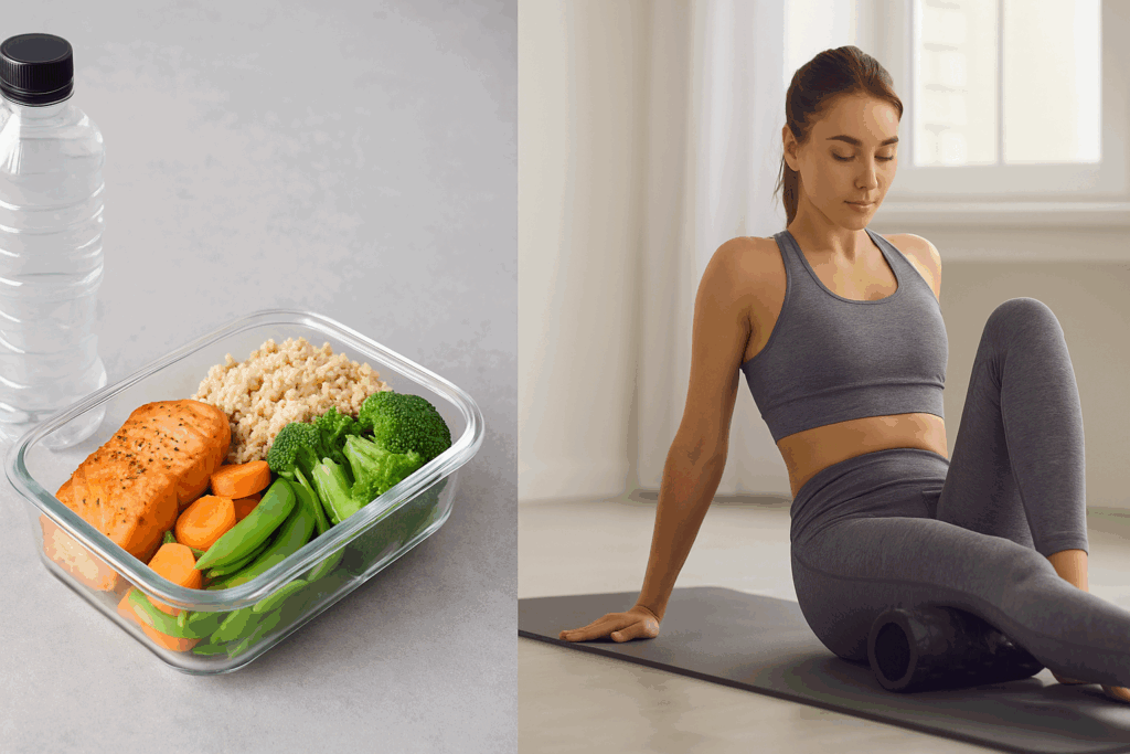 Split-screen showing a nutrient-rich meal prep and a woman foam rolling post-workout, highlighting a balanced weight training program for women.