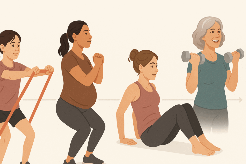 Timeline illustration of a weight training program for women across life stages, from teenage to postpartum to mature adult.