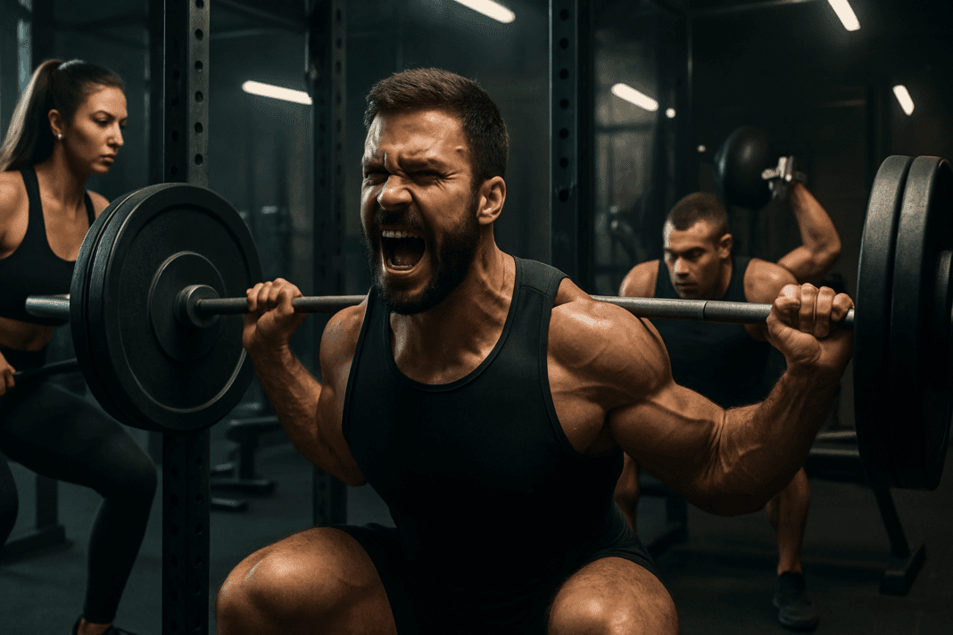 The Ultimate Guide to the Best 6 Day Workout Split for Serious Muscle Gains001 Muscular man performing heavy barbell squat in intense gym setting, illustrating best 6 day workout split training.
