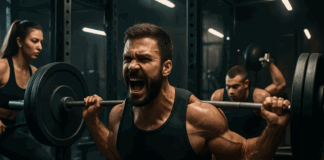 Muscular man performing heavy barbell squat in intense gym setting, illustrating best 6 day workout split training.