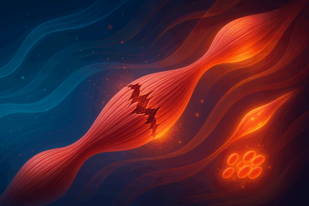Conceptual illustration of muscle hypertrophy showing torn fibers, regrowth layers, and metabolic activity—ideal for best 6 day workout split recovery.