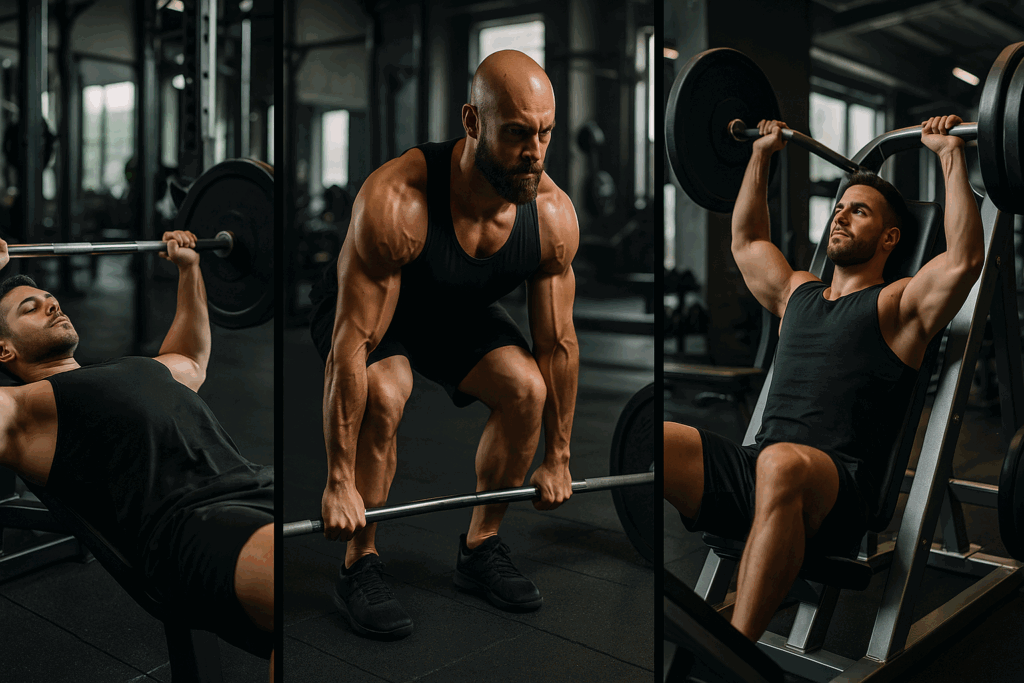 Three athletes demonstrating the best 6 day workout split with bench press, deadlift, and shoulder press exercises in a modern gym