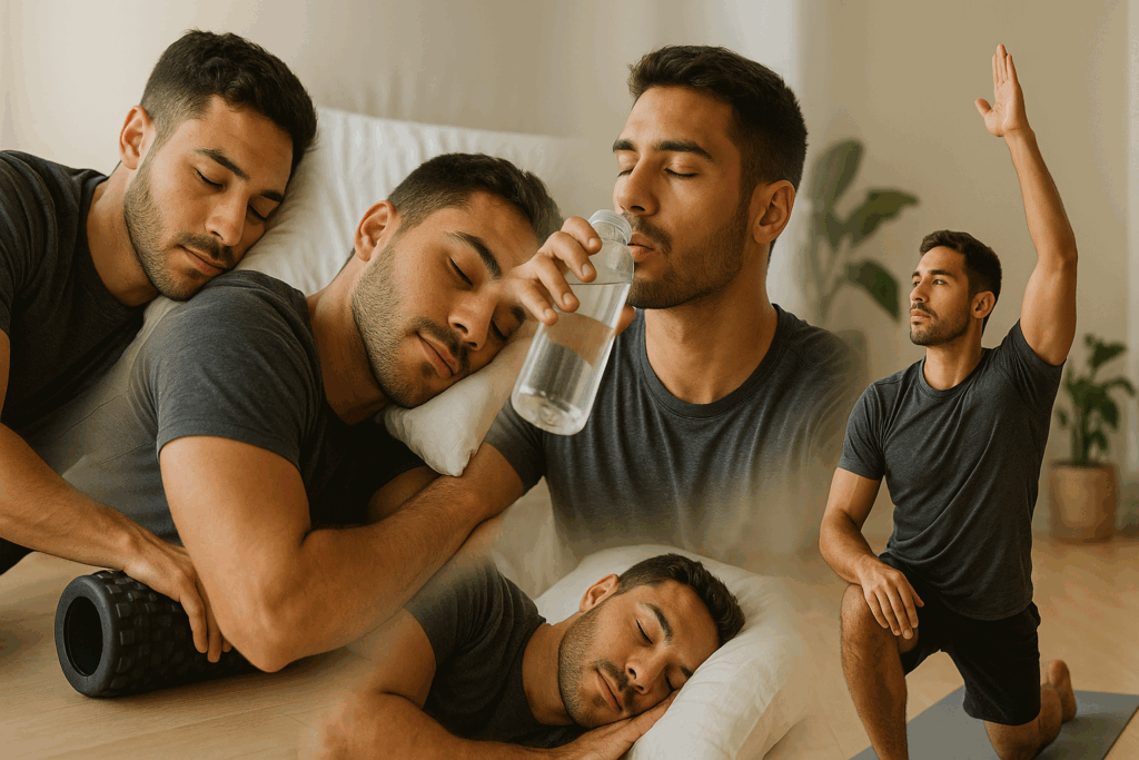 Man practicing recovery techniques like foam rolling, hydrating, stretching, and sleeping as part of the best 6 day workout split routine