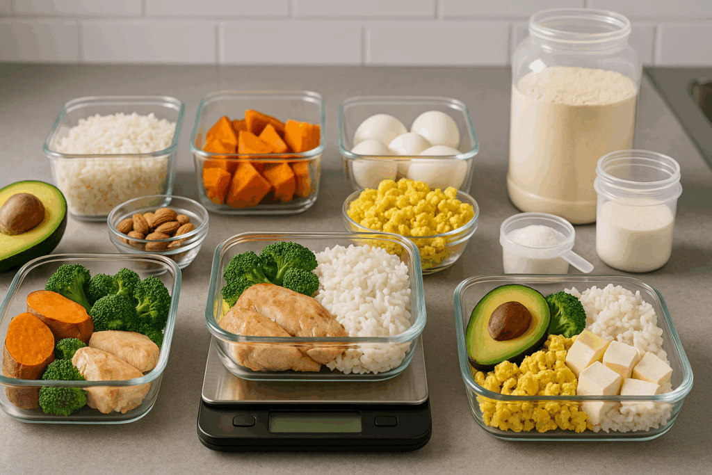 Meal prep layout with chicken, tofu, eggs, rice, sweet potatoes, and supplements supporting the best 6 day workout split.