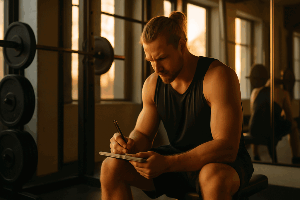 Focused athlete journaling progress during golden hour gym session, symbolizing mental resilience behind best 6 day workout split.