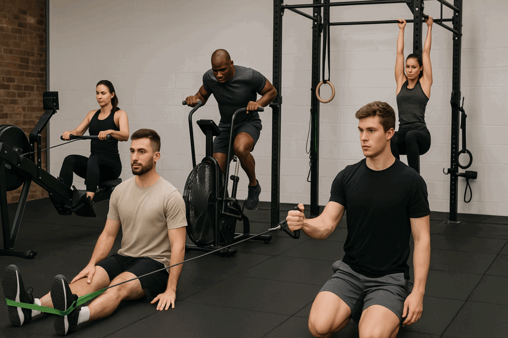 Athletes performing mobility drills, cardio sprints, and accessory lifts in a gym circuit for the best 6 day workout split