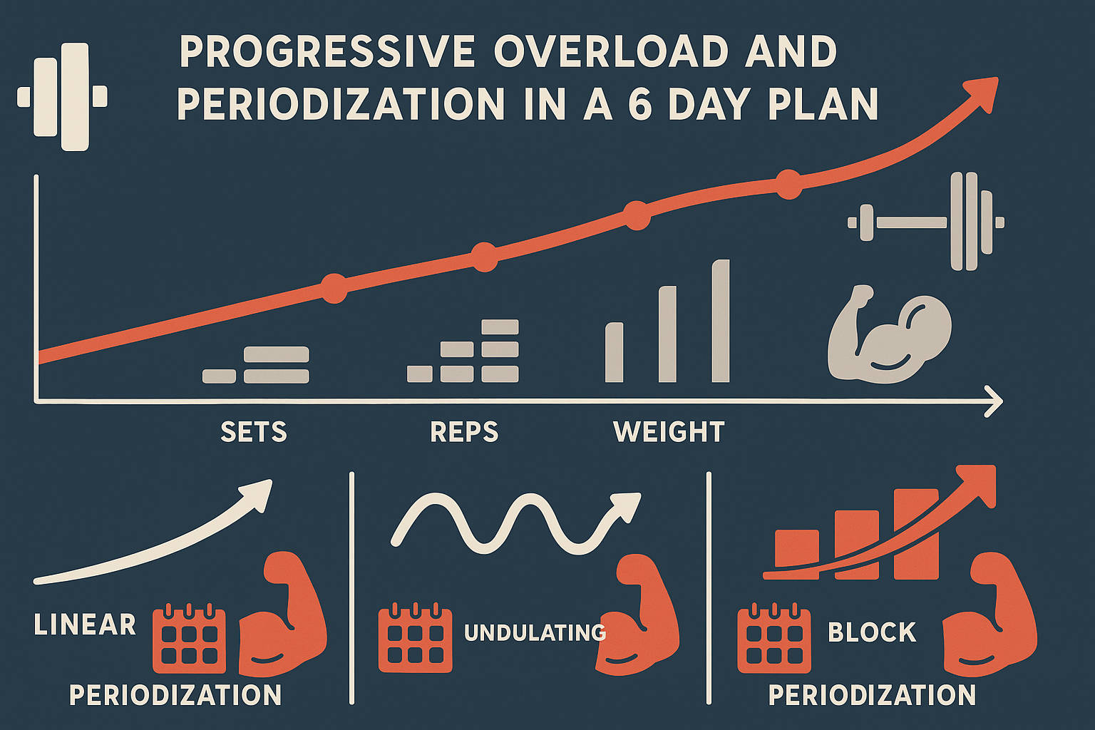 Infographic showing progressive overload with sets, reps, and weight increases over time, plus three periodization styles for the best 6 day workout split