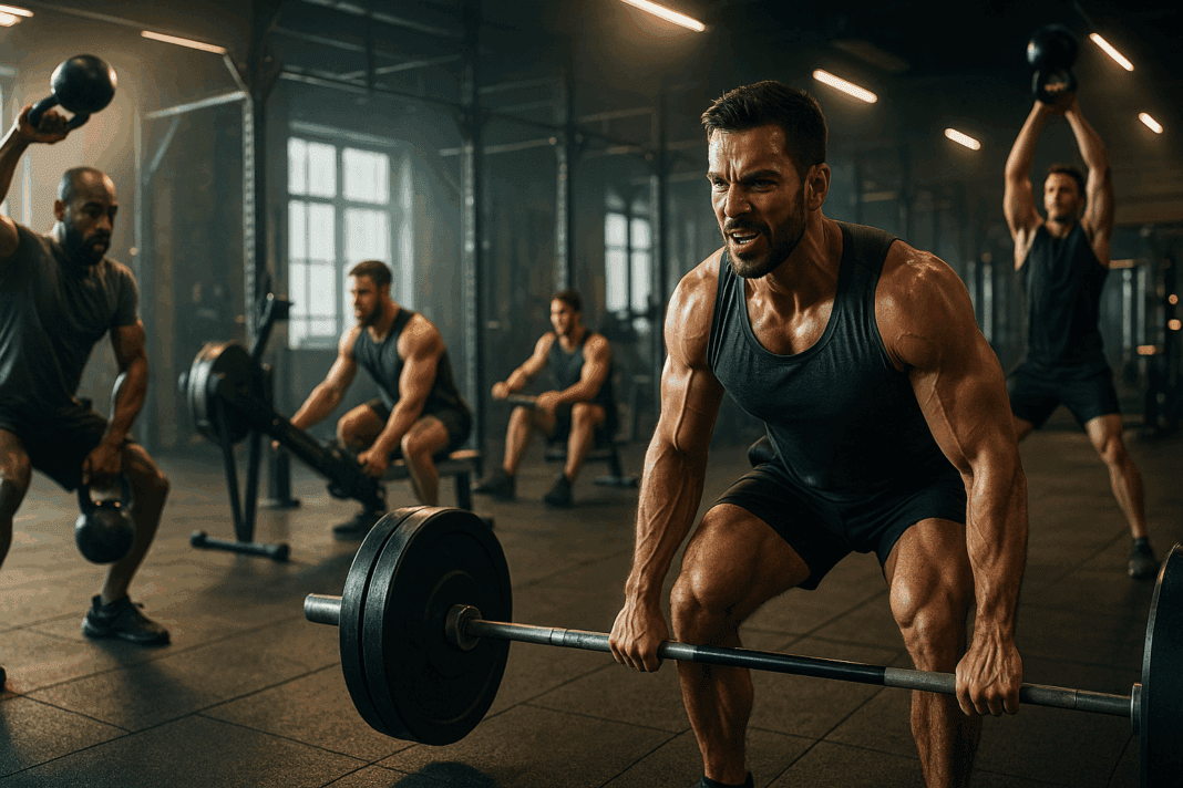 Men performing deadlifts, kettlebell swings, and rowing in a modern gym, illustrating the best workout split for fat loss.