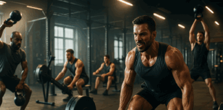 Men performing deadlifts, kettlebell swings, and rowing in a modern gym, illustrating the best workout split for fat loss.